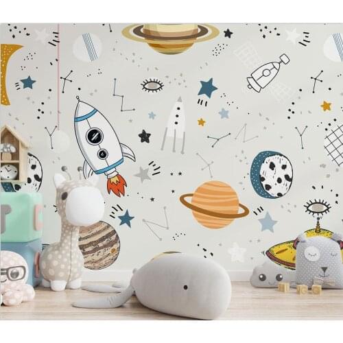 Cartoon 3d wallpaper modern nordic cartoon hand-painted spaceship rocket childrens room background wall home decor wallpaper
