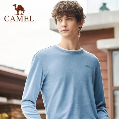 CAMEL Mens Clothing Autumn New Round Neck Long-sleeved T-shirt Mens Velvet Warm Base Coat