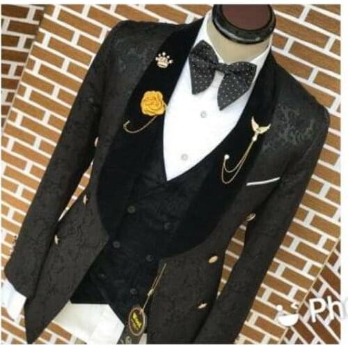 2021 High Quality Terno Slim Fit Black Jacquard Smoking Tuxedo Jacket Groom Party Suit For Men 3 Pieces Wedding Best Man Blazer