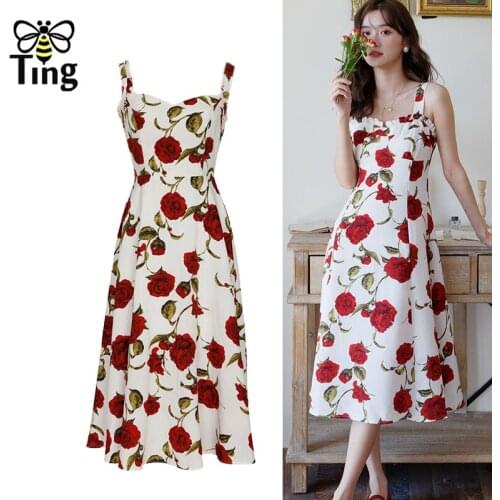 Tingfly Soft Girl Korean Fashion Ruched Rose Flower Print A Line Women Summer Dress Sleeveless Casual High Waist Vestidos Robes