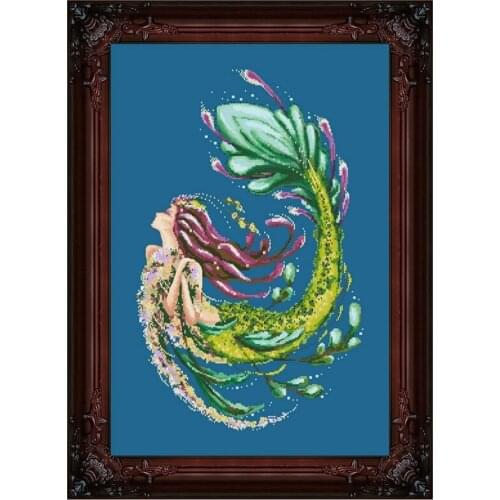 Mermaid fairy cross stitch kit beads pattern design 18ct 14ct 11ct denim blue canvas embroidery DIY needlework
