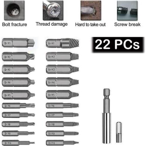Dreamburgh 22Pcs/Set Damaged Stripped Screw Extractor Set for Broken Screws HSS Broken Bolt Extractor Screw Remover Tools Kits