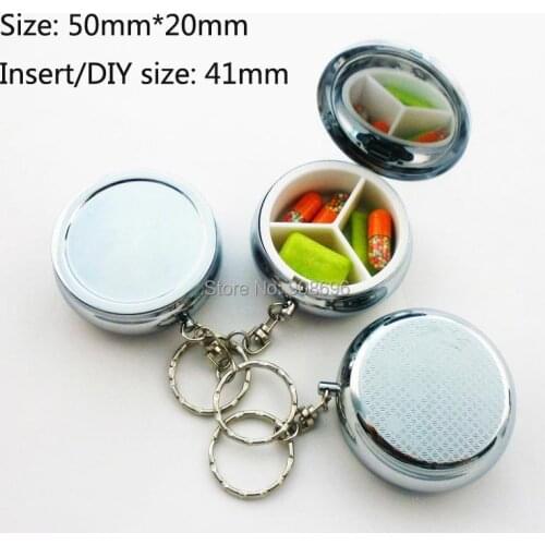 Wholesale 100PCS Blank Metal Circle Pill Boxes Pill Container 3 Grids Mini Portable Travel Case with Key chain - Free Shipping