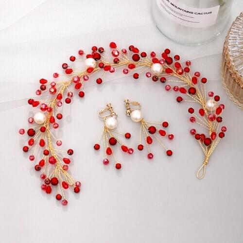 Handmade Red Beads Pearls Headbands Earring Jewelry Sets for Bride Noiva Wedding Tiaras and Crowns Hair Jewelry Women Hairbands