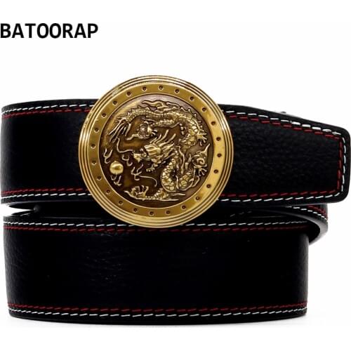 New 2021 Mens Leather Belt Black Fashion Gold Round Dragon Buckle Metal Automatic Trouser Waist Straps Cowskin Belts TC-YY004