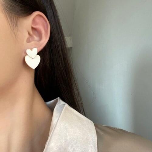 S925 needle Cute Drop Earrings Lovely Style Metal alloy White Enamle Double Heart Short Dangle Earrings For Girl Student Gifts