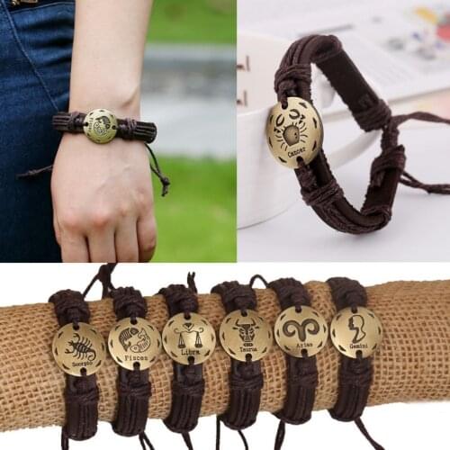 Vintage Retro Zodiac Sign Genuine Leather Bracelet Wristband Star Constellation Gemini Pisces Aries Charm Bangle Fashion Jewelry