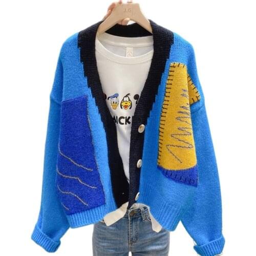 High-quality stitching contrast color V-neck knitted cardigan womens 2021 winter new fashion loose-fitting womens sweater
