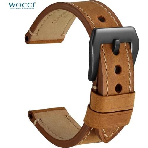 WOCCI Quality Genuine Leather Watchband Suede Bracelet Brown Strap 18mm 20mm 22mm 24mm Vintage Band Stainless Steel Buckle