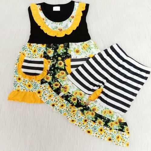 Sunflower outfits baby girls pocket sleeveless t shirt+striped bell-bottoms 2 pieces sets girl fashion outfit