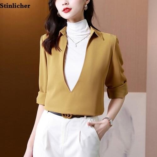 Spring Autumn Women Shirt Fashion Deep V-neck Long Sleeve Tops Ladies Casual Loose New Design Work Shirt Blouse Party Cothing