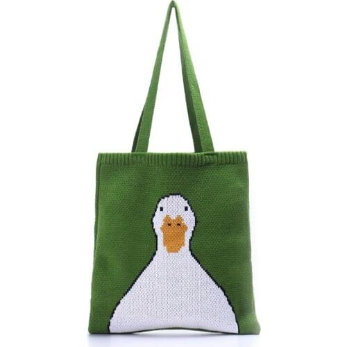 Yeqofcd Female Shoulder Bag Vintage Duck Cartoon Knitting Wool Totes Handbags Ins Style Portable Soft Cotton Shopping Bags Green