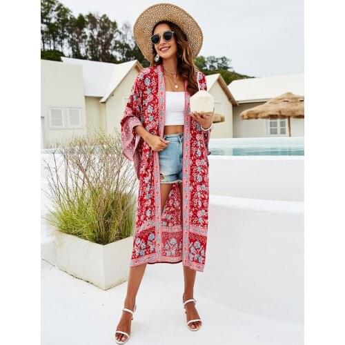 Happie Queens Vintage Floral Print Sashes Women bohemian V Neck batwing Sleeves happie Blouses robe Kimono