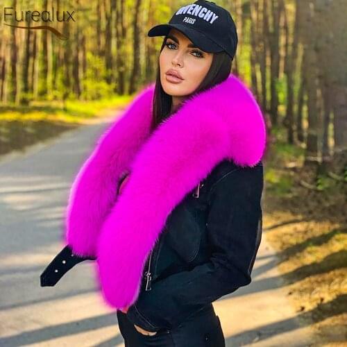 FUREALUX Real Fox Fur Denim Coat With Detachable Natural Big Fox Fur Collar Womens High-quality Fashion Warm 2021 New Coat