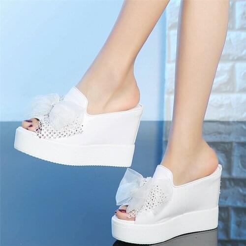 2021 Rhinestones Slippers Women Genuine Leather Wedges High Heel Gladiator Sandals Female Peep Toe Fashion Sneakers Casual Shoes