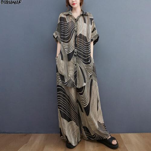 DIMANAF Women Two Piece Set Suit Striped Blouse Chiffon Elegant Shirts Wide Leg Pants Loose Pants Oversize Summer 5XLOversize