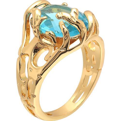 Hainon New Gold Color Branch Leaves Sky Blue Crystal Ring Creative Unique Wedding Engagement Anniversary Rings for Women Jewelry