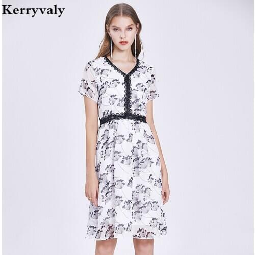 New Style White Printed Chiffon Summer Dress Women Short Sleeve Floral Midi A- Line Party Beach Dress Ropa Mujer K6604