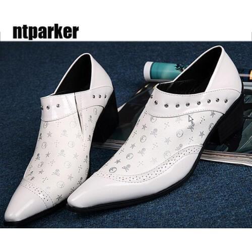 Ntparker 2018 Handmade High Qulaity Man Leather Shoes Square Heels White Wedding Shoes for Man Casual Leather shoes Man