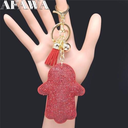 2021 Islam Hamsa Hand Crystal Key Chain for Women Red Gold Color Tassel Bag Accessories Jewelry porte clefs bijou sac K2524S01