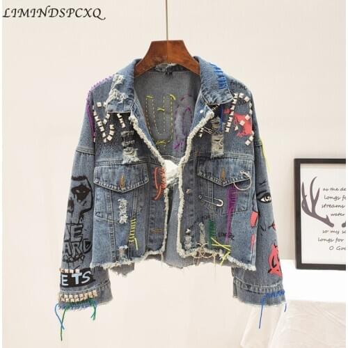 2020 New Womens Denim Jacket Spring Autumn Graffiti Rivet Jean Jackets Female Holes Chaquetas Mujer Fashion Girl Outerwear Coat