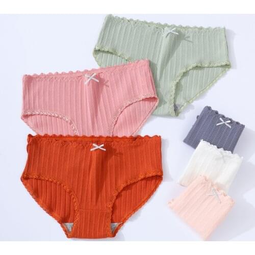 3Pcs/Set Large Size Womens Low-waist Underwear Striped Breathable Underpants Cotton Lace Briefs Solid Color Panties 2021 New