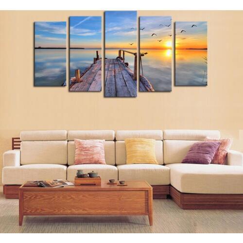 Unframed 5 Panels Sunset Seascape Scenery Print Oil Painting Modern Canvas Wall Art for Wall Decor Home Decoration Artwork