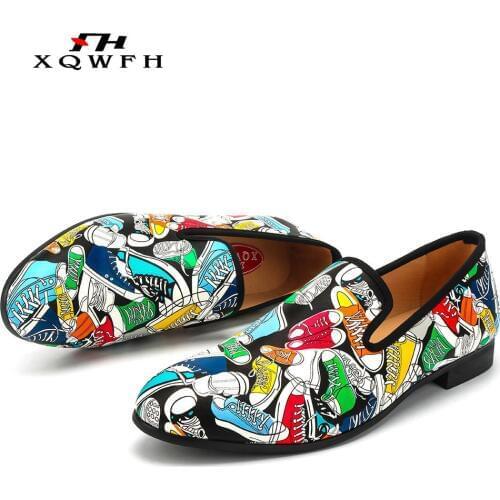 Brand Men Shoes Fashion Print Men Feast Banquet Dress Leather Shoes Individual Character Mens Loafers