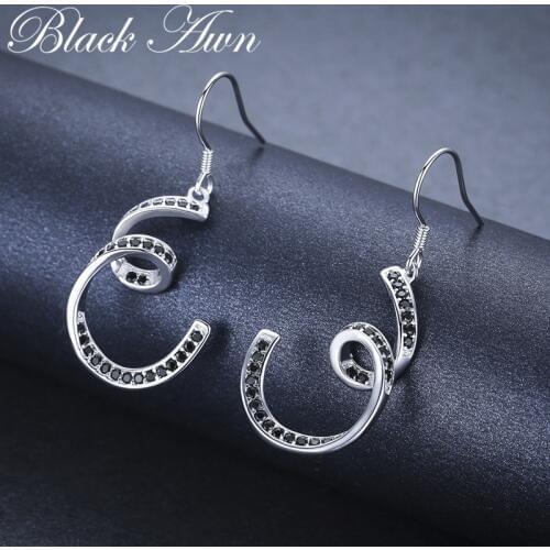 Black Awn New Authentic 100% 925 Sterling Silver Earring Black Spinel Anniversary Drop Earrings for Women Fine Jewelry II136