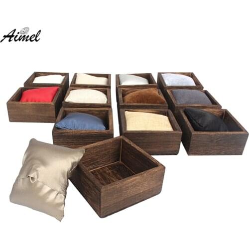 2Pcs Wood Jewelry Storage Tray With Pillow Cushion Holder Watch Display Gift Box Bangle Chain Organizer Showcase Bracelet Casket