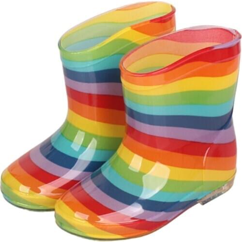 Childrens Rain Boots Rainbow PVC Waterproof Ankle Botas Flat Heel Printing Toddler Non-slip Autumn School Boots
