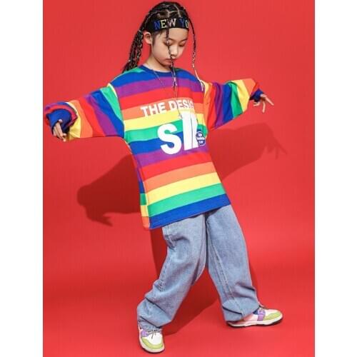 Kids Boys Girls Rainbow Stripes Loose Casual Long Sleeve T-shirt Children Teenagers Streetwear Hip Hop Tees Shirts
