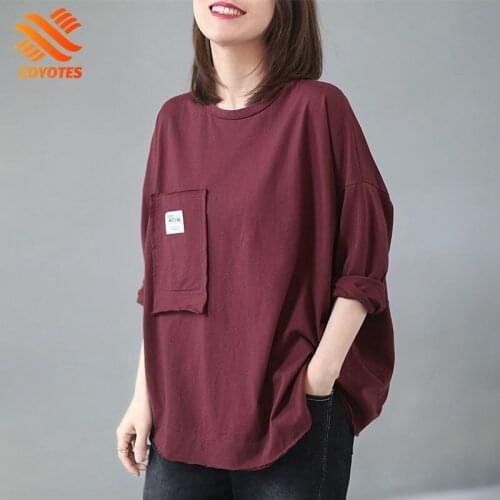 COYOTES T-Shirts Womens Spring Cotton O-Neck Solid Long Sleeve T-Shirt Labeling Pocket Casual Loose Korean Style All-Match