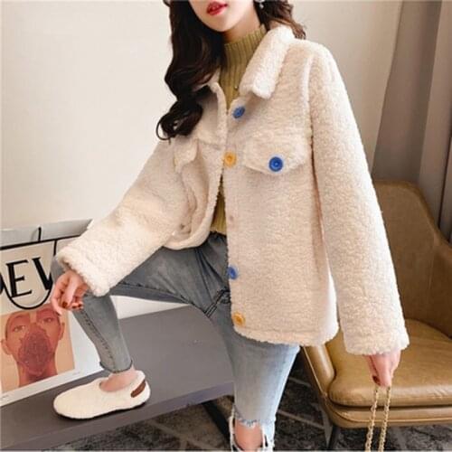 Lapel Solid Jacket Woman Simple Long Sleeve Faux Lamb Wool Loose Coats Ladies Winter Warm Single Breasted Slim Jacket Women 2021
