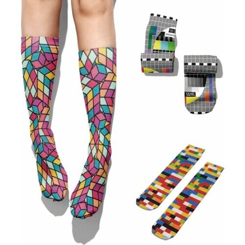 Fashion Color Block Women Cotton Socks Casual Retro High Ankle Breathable Socks For Women 3d Printing Unisex Autumn Cotton Socks