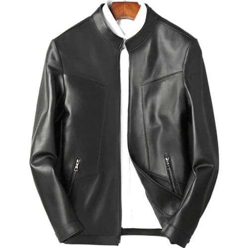 Mens Genuine Sheepskin Leather Jackets Classic Black Leather Coats Real Spring Autumn Bike S8640