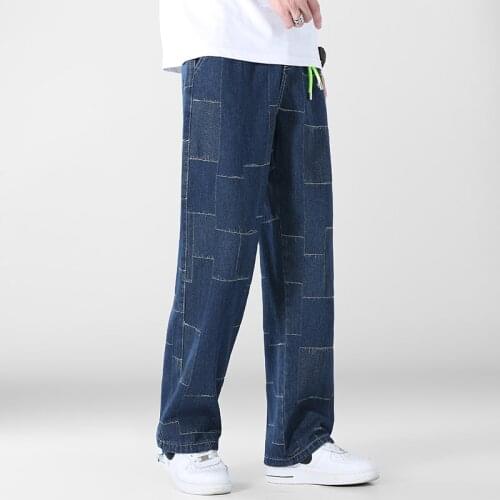 Mens Stitching lattice printing Pants Jeans New Style 2021 Trend Pants Spring Autumn Style Trendy Casual Loose straight jeans