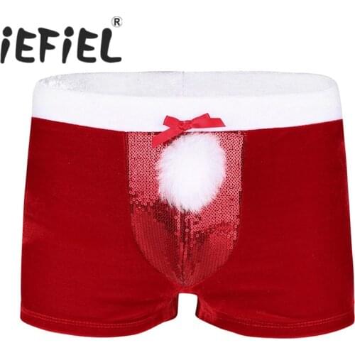 IEFiEL Red Fashion Mens Male Lingerie Velvet Christmas Holiday Boxer Shorts Underwear Underpants Cosplay Costumes Party Panties