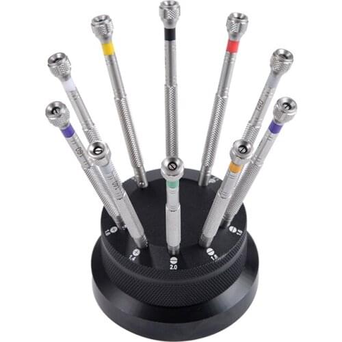 10 Piece Miniature Watch and Jewelry Screwdriver Set on Rotating Stand Stainless Steel for Watchmakers