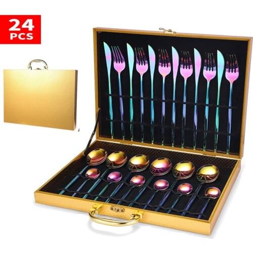 24Pcs 18/10 Stainless Steel Cutlery Sets Luxury Rainbow Gold-Plated Dinnerware Set Knife Fork Spoon Set For Hotel Tableware