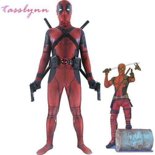 New Deadpool 2 Cosplay Adult Man Spandex Lycra Zentai Bodysuit Jumpsuits Halloween Costume Suit Belt Headwear Mask Sword Holster