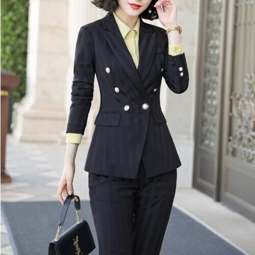 Office Ladies Wear Fashion Elegant Double Breasted Striped Blazer Pants Suits Sets Women Business Formal Work Pantsuits Uniform