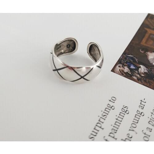 Authentic S925 Sterling Silver FINE Jewelry Wave Grid Engraved Geometric waterwave Band ring Open adjust TLJ936