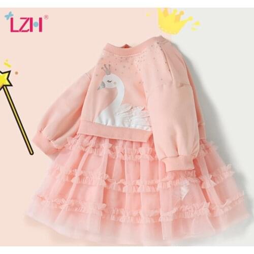 LZH Autumn Clothing For Girls 2021 Cute Cartoon Sweater Stitching Mesh Skirt Children Clothes Long Sleeve Toddler Kids Dresses