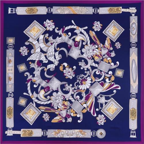 POBING 100% Silk Scarf Women Large Shawls Spain Print Stoles Square Scarves Bandana Big Kerchief Scarf Female Foulards 130CM