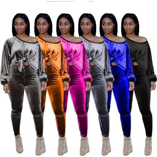 Casual Solid Velvet Tracksuit Women Elegant Off the Shoulder Long Sleeve Lace Up Top + Pencil Pants Slim Two Piece Set Outfits