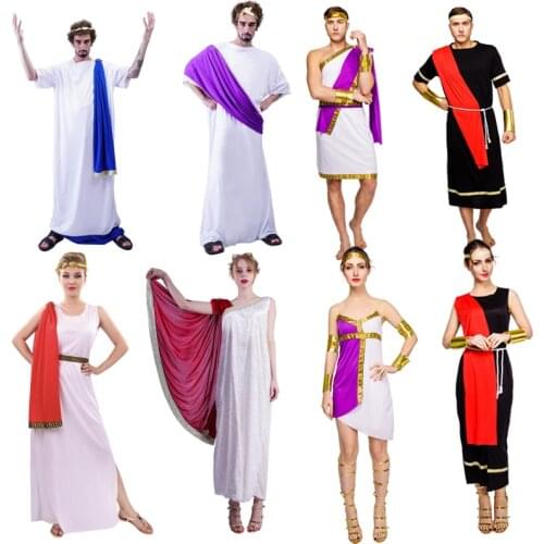 QLQ Womens &Mens Caesar Toga Costume Cosplay Adult Greece Greek Warrior Clothes Halloween Women Gladiator Dress Men Costumes