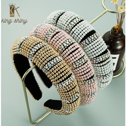 Luxury Baroque Fully Color Simulated Pearl Headband Elegant Shiny Rhinestone Padded Thick Sponge Hairband Girls Party Headpieces