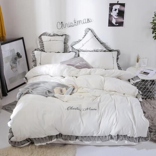 Luxury White Bedding Sets Queen King Size Pure Color Embroidery Duvet Cover Lace Bed Skirt Set Pillowcase Wedding Bedclothes