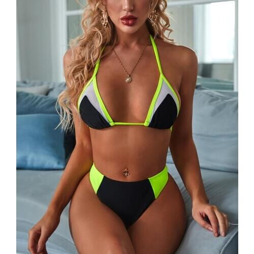 Sexy micro bikini set 2020 Neon green swimsuit female Triangle swimwear women Mesh mini bathing suit patchwork halter biquini